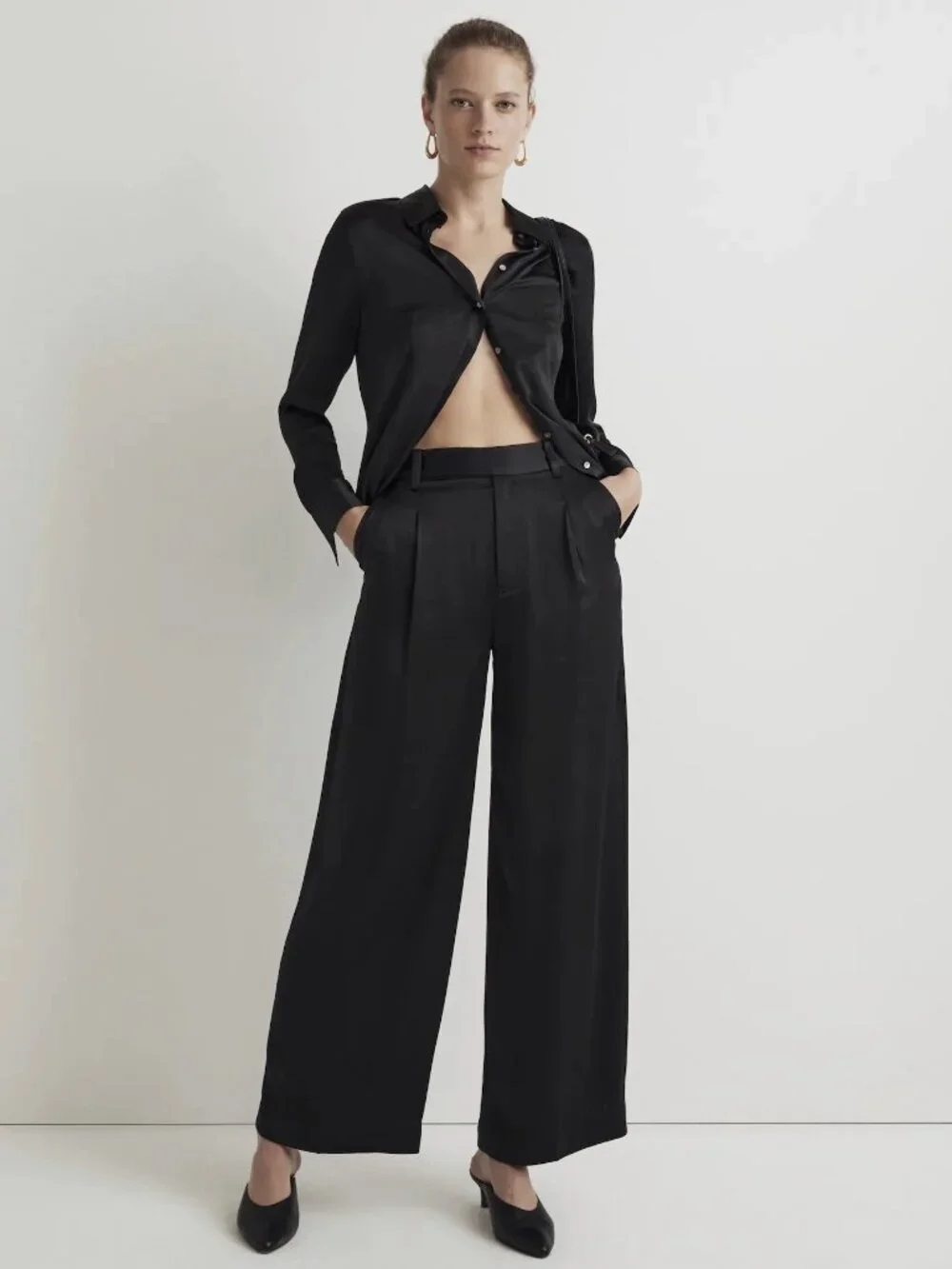 Madewell Black Satin Harlow Wide-Leg Pants, Size 0 - Picture 1 of 9